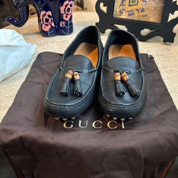GUCCI HEBRON NERO Leather Bamboo Loafers - Size 8 1/2 (8.5) - Black. - Picture 1 of 9